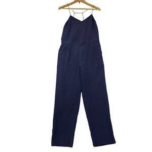 J Crew Silk Sleeveless Jumpsuit Size 2 Navy Blue Tapered Pockets Strappy